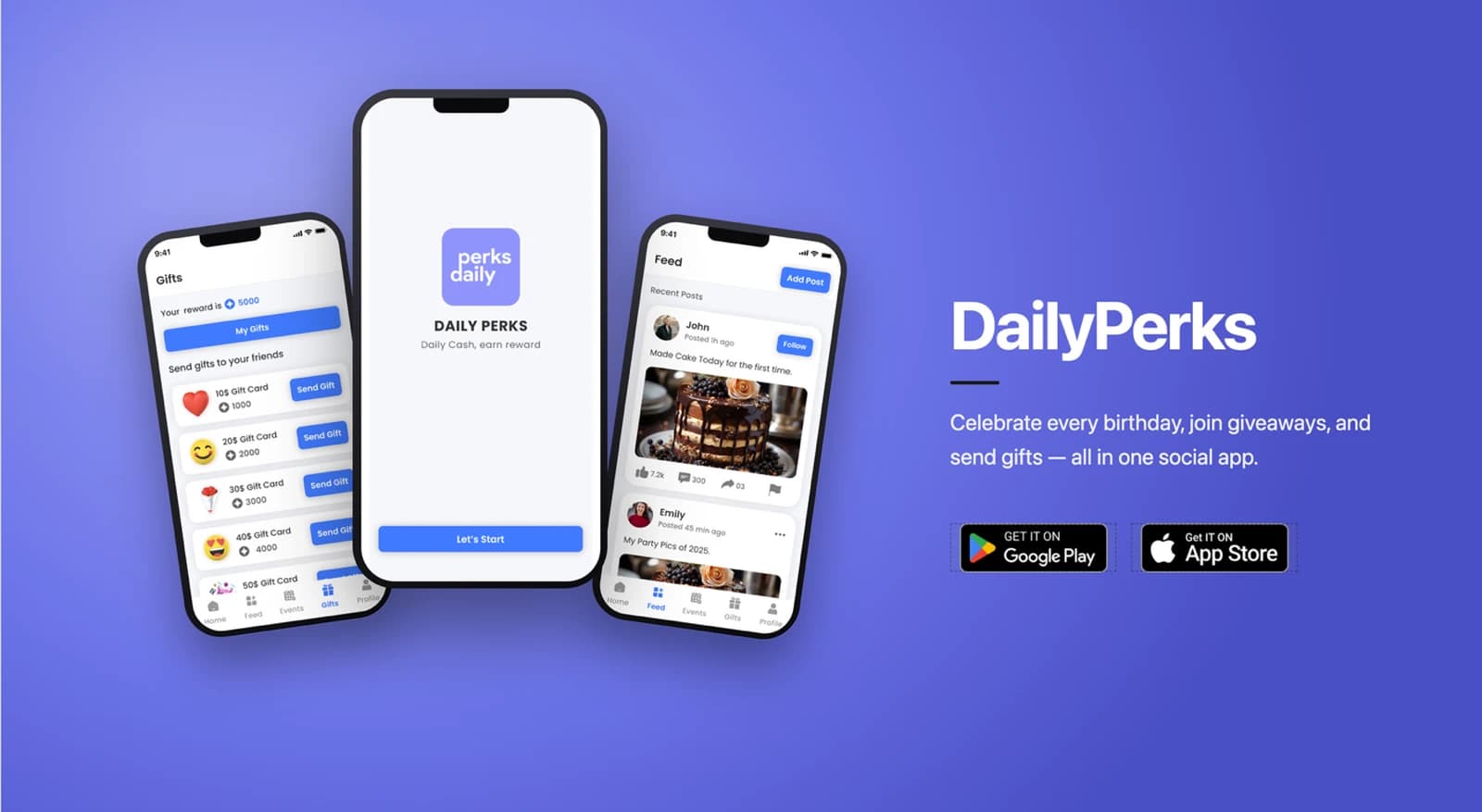 DailyPerks app screens showing gifts and social feed