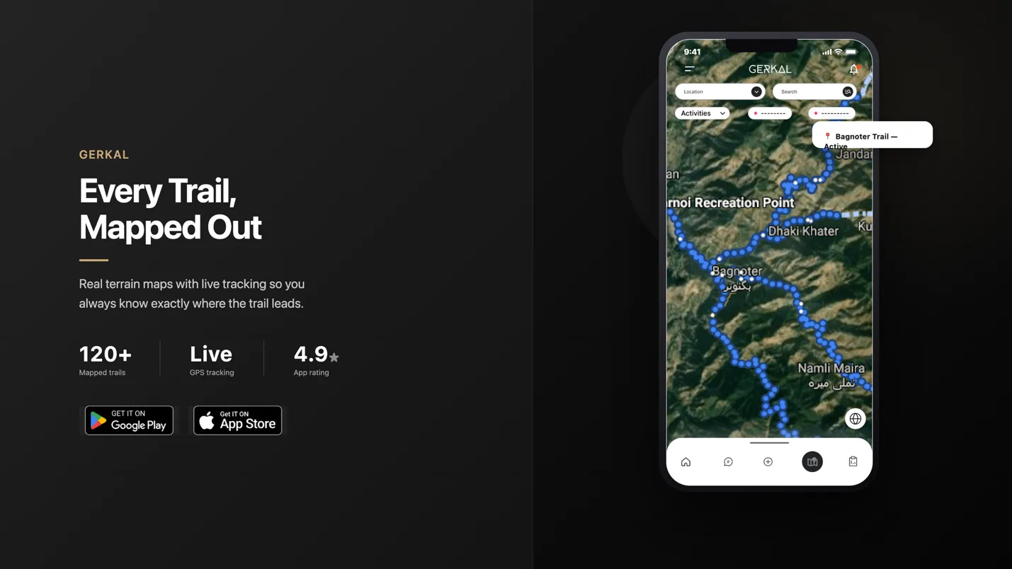 Garkal app screens showing hiking trail map and trip planning