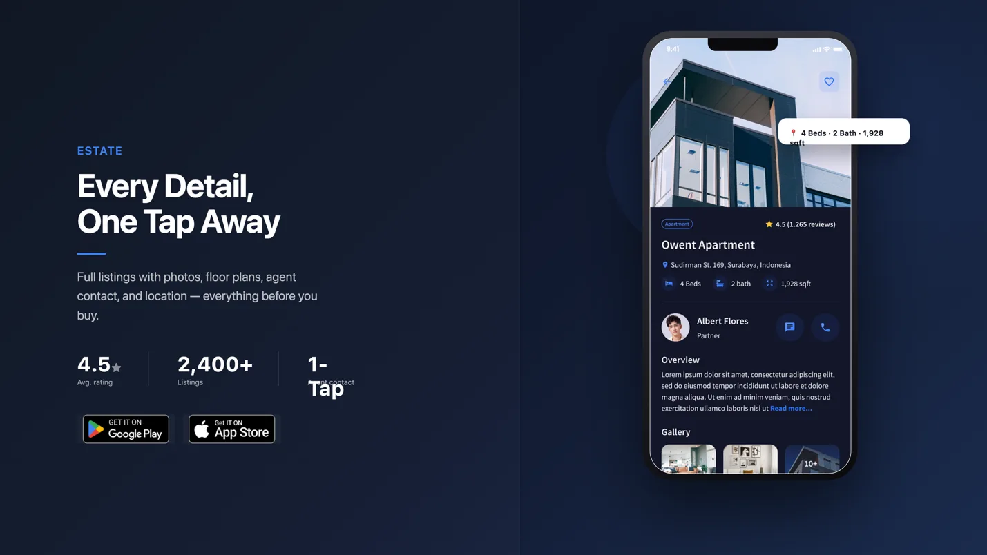 Griya app screens showing property search and listing details