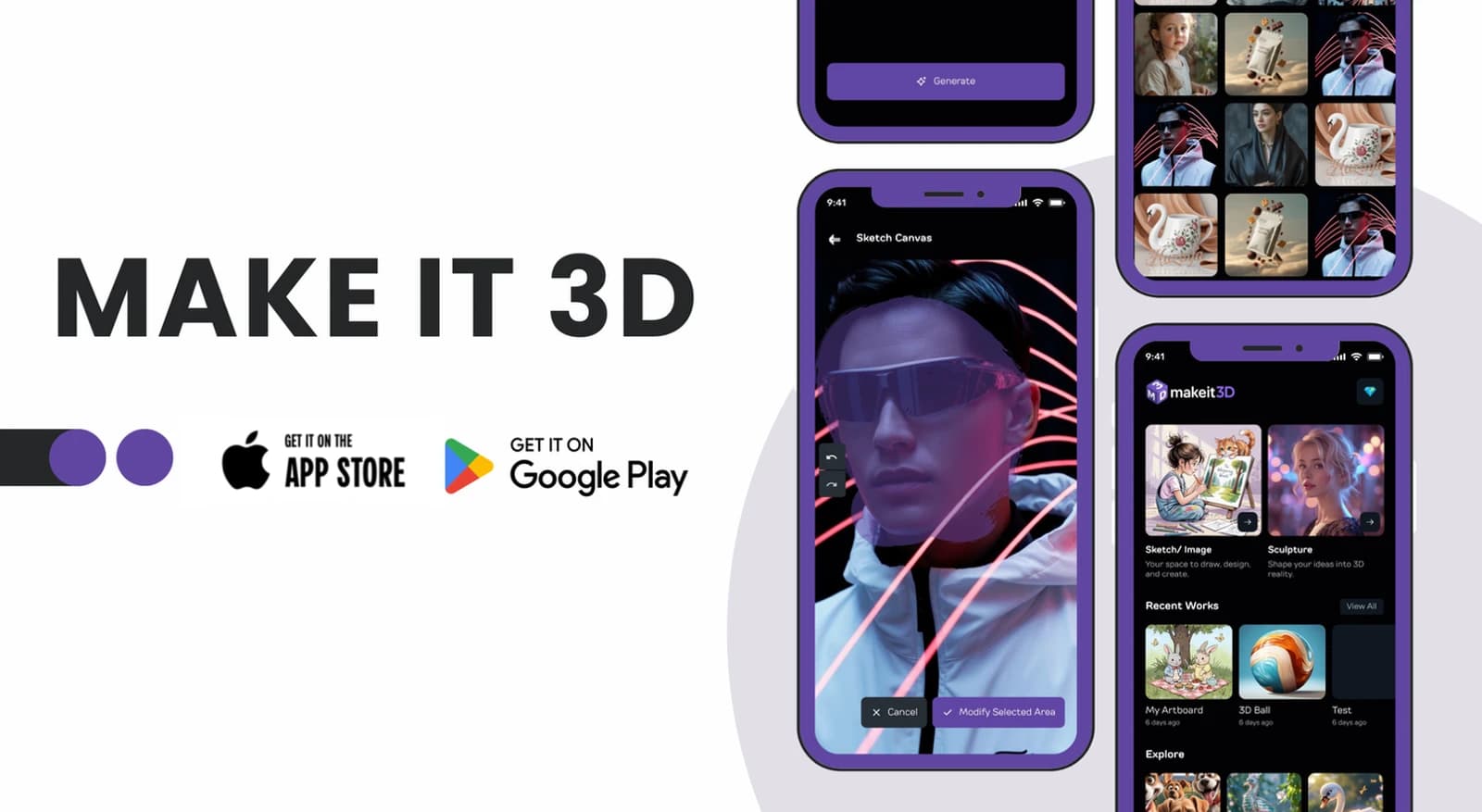 Make it 3D app screens showing AI image editing canvas
