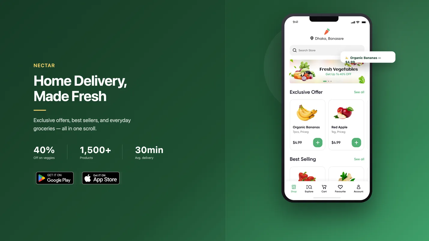 Nectar app screens showing restaurant discovery and live order tracking