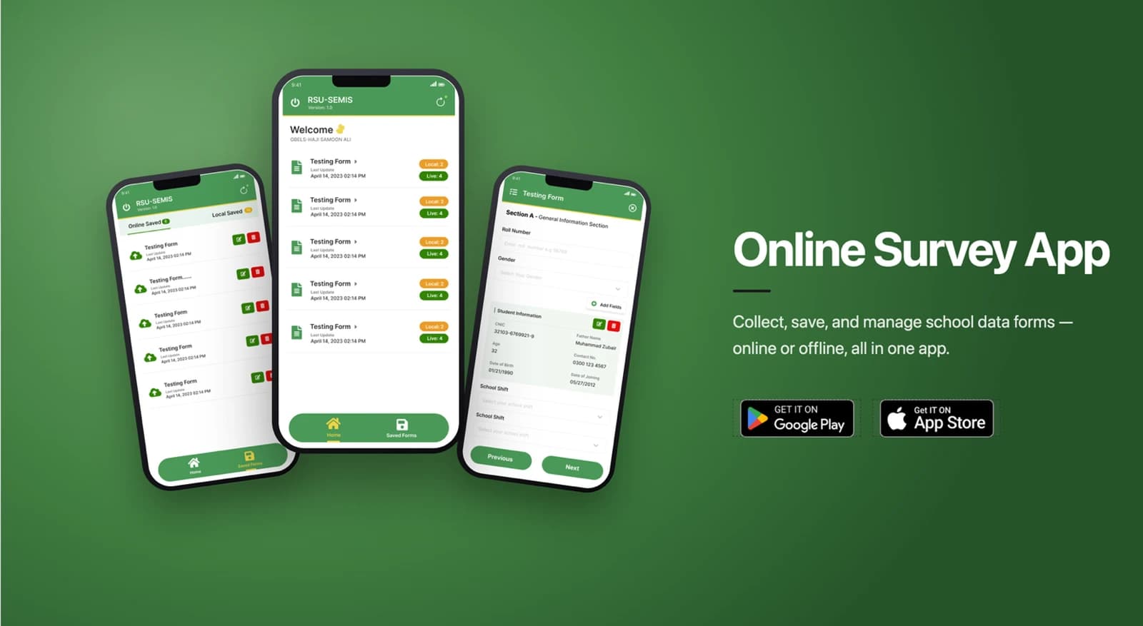 Offline Survey System app screens showing sectioned forms