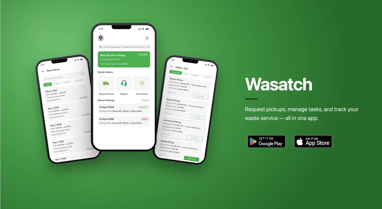 Wasatch app screens showing pickup requests and task tracking