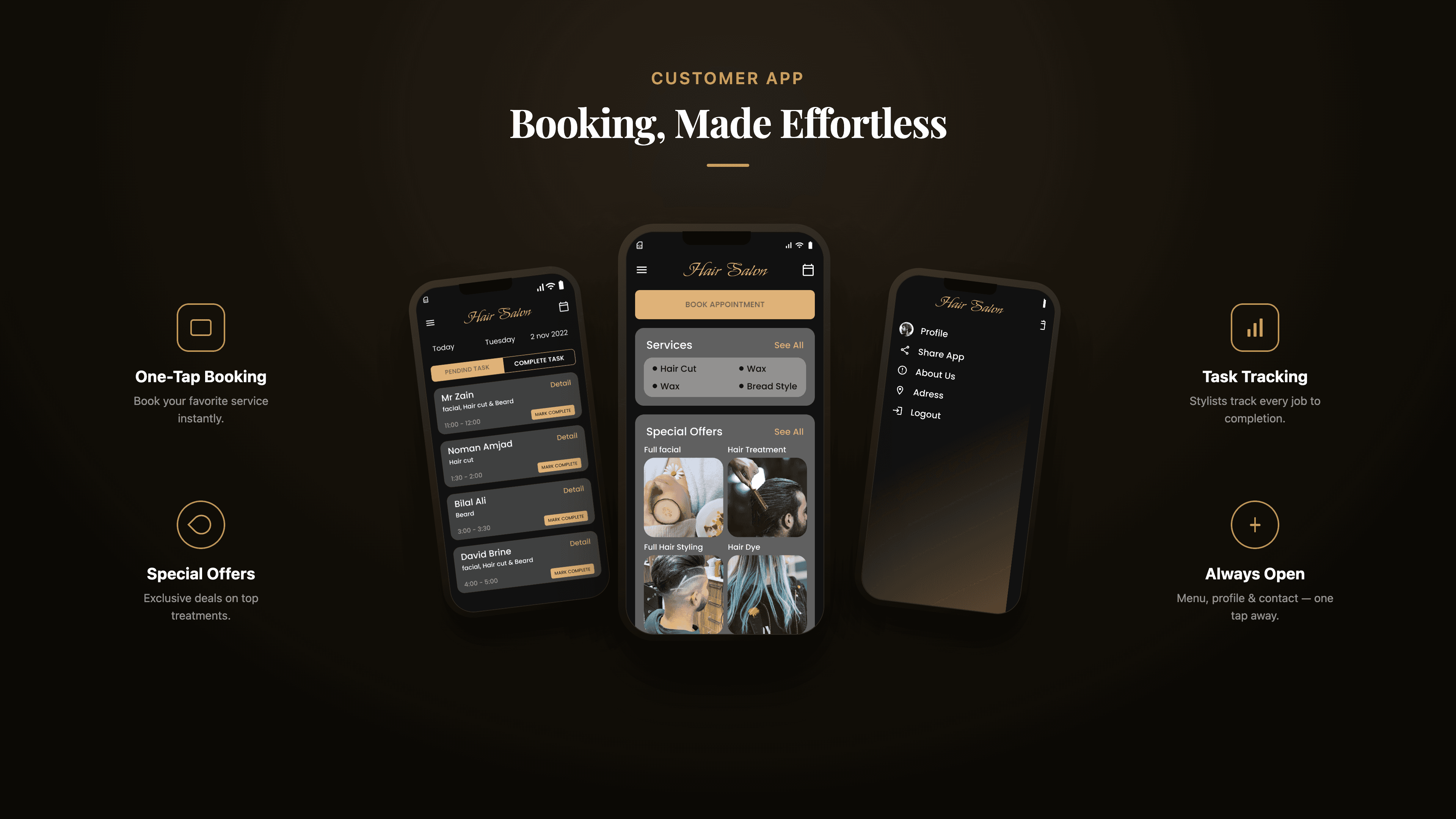 Customer mobile app showing appointment booking, services, and special offers