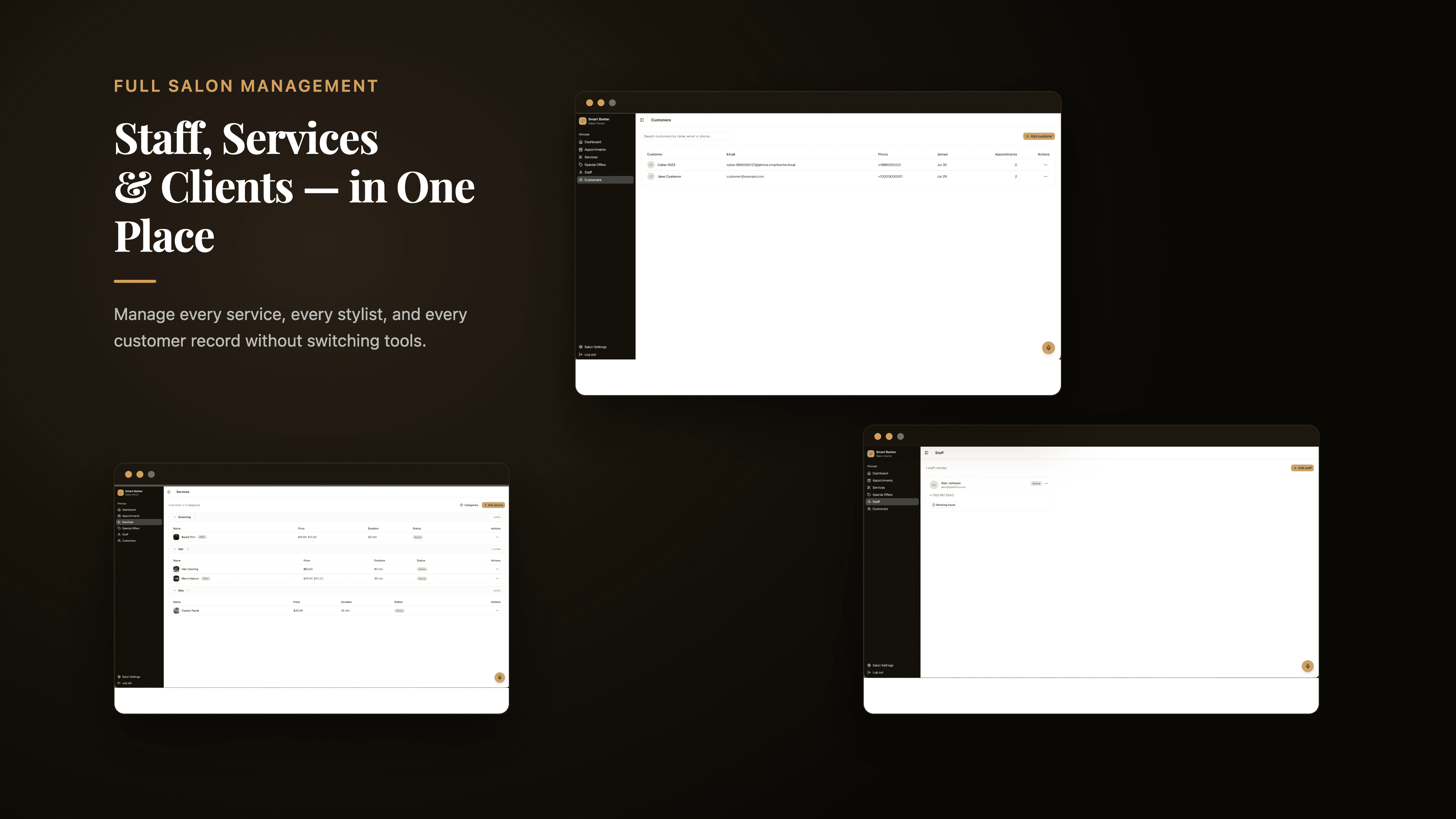 Staff, services, and customer management screens