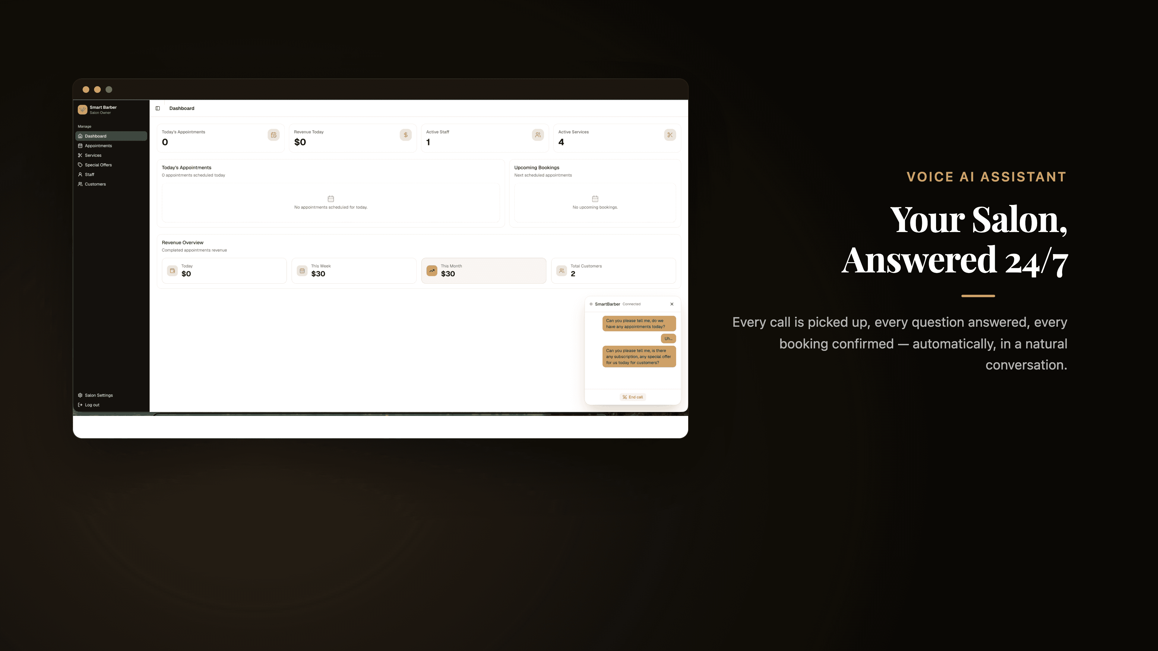 Salon management dashboard with an AI voice assistant answering a customer call