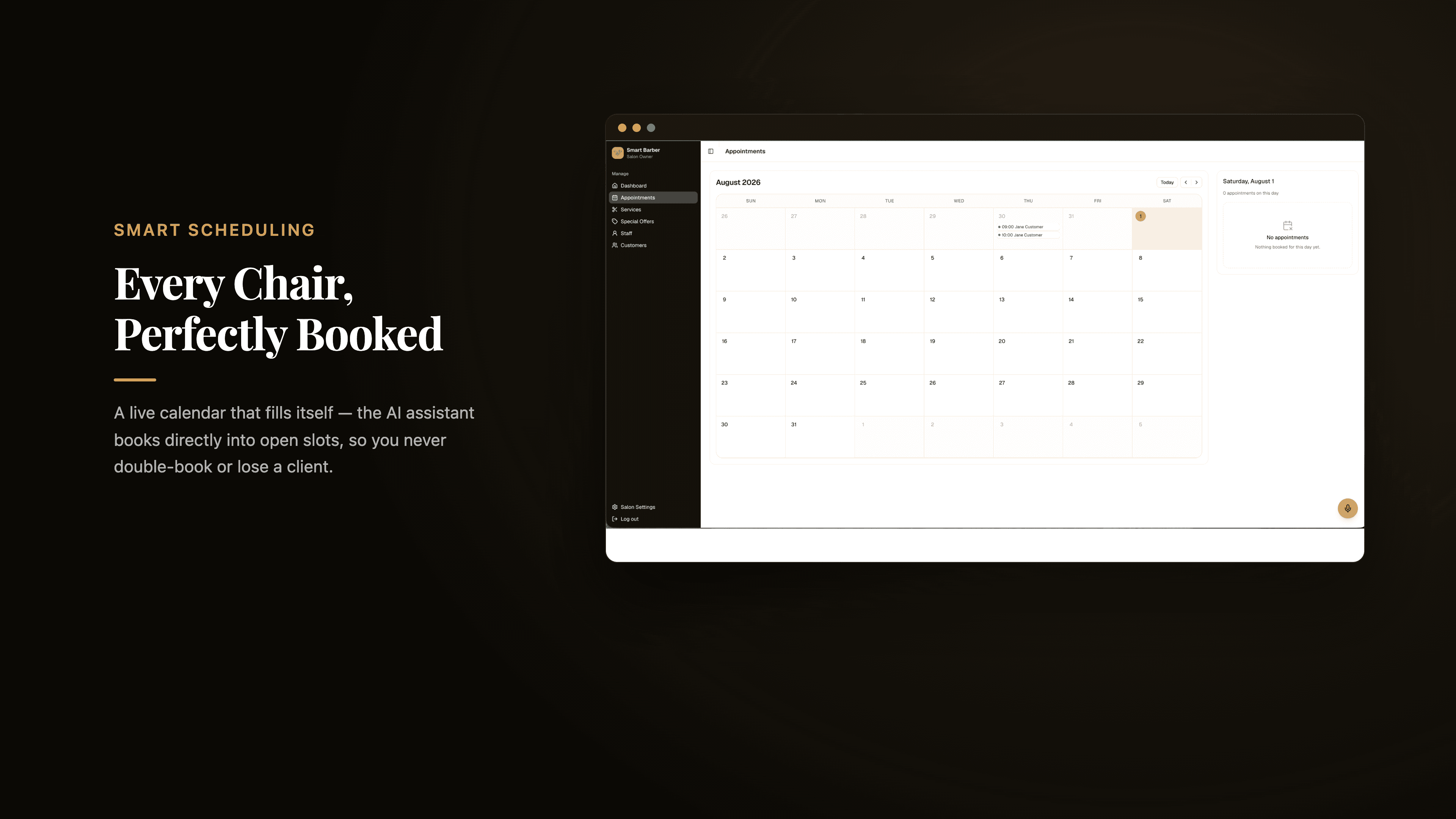 Live appointment calendar showing bookings for August 2026