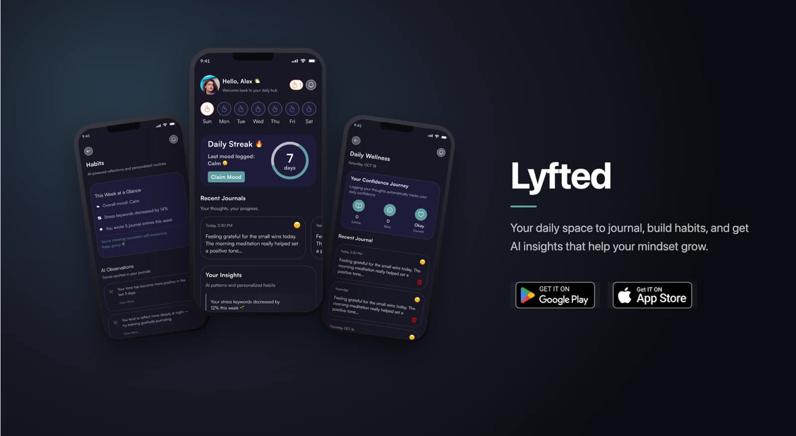 Lyfted app screens showing daily journaling and AI insights