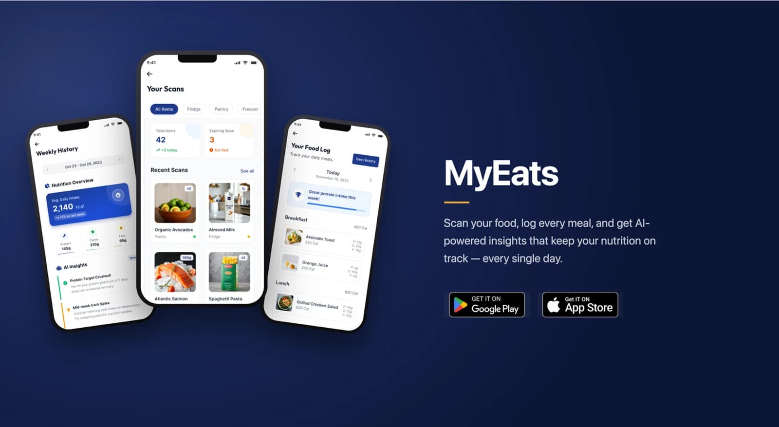 MyEats app screens showing pantry scanning and food log