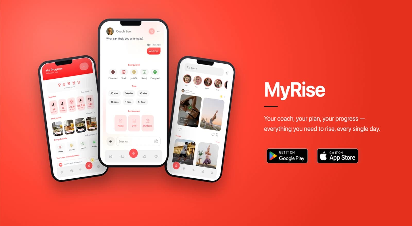MyRise app screens showing AI coach and workout plan